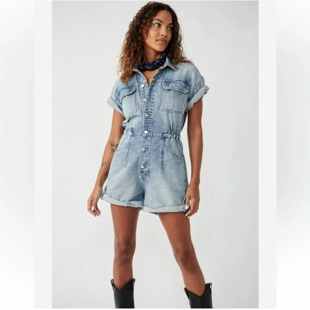 Free People Marci Denim Romper - Picture 2 of 6